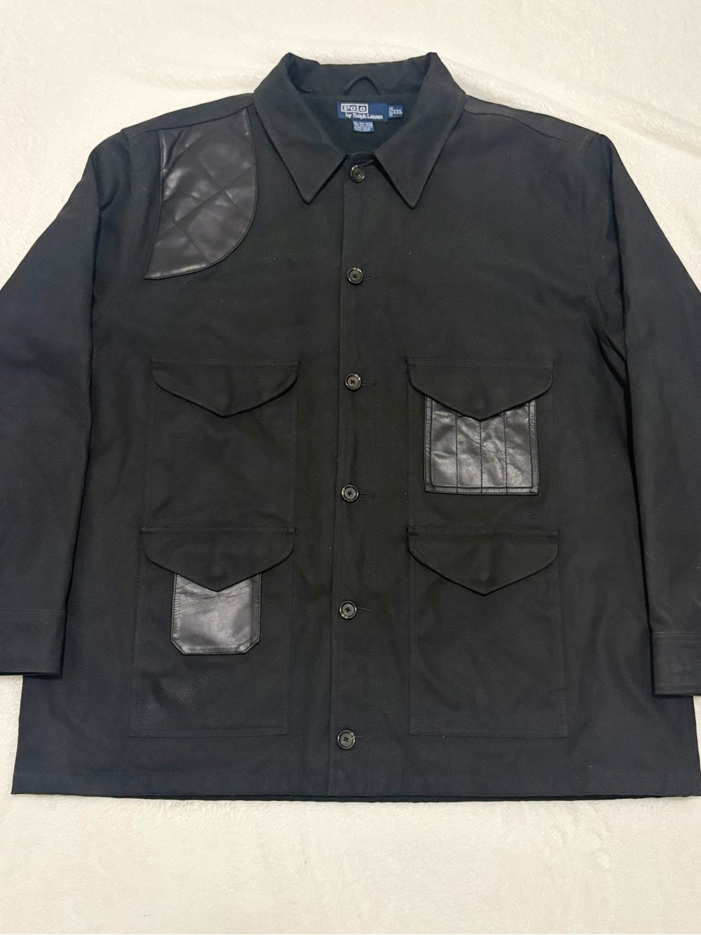 Ralph Lauren Black Military-Style Field Jacket with Leather Trim
